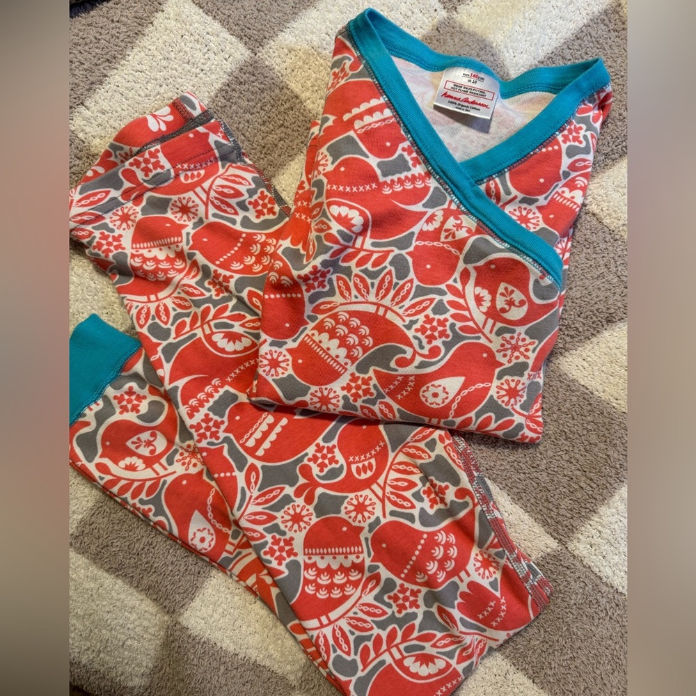 Pink and Grey Bird Pajamas with Teal Accents | Size 10